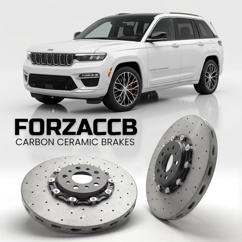 ForzaCCB direct OEM replacement carbon ceramic brake rotors for 2025+) Jeep Grand Cherokee V (WL, facelift 2025 models, shown with a white Jeep Grand Cherokee car.
