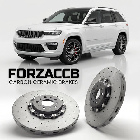 ForzaCCB direct OEM replacement carbon ceramic brake rotors for 2025+) Jeep Grand Cherokee V (WL, facelift 2025 models, shown with a white Jeep Grand Cherokee car.