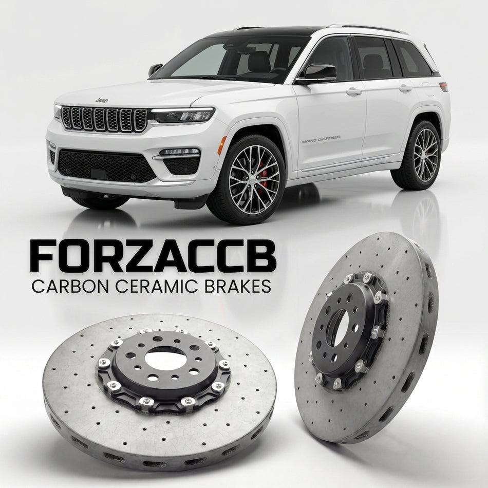 ForzaCCB direct OEM replacement carbon ceramic brake rotors for 2025+) Jeep Grand Cherokee V (WL, facelift 2025 models, shown with a white Jeep Grand Cherokee car.