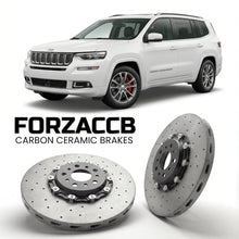 ForzaCCB direct OEM replacement carbon ceramic brake rotors for 2018 to 2022 Jeep Grand Commander models, shown with a white Jeep Grand Commander car.