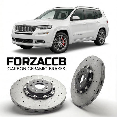 ForzaCCB direct OEM replacement carbon ceramic brake rotors for 2018 to 2022 Jeep Grand Commander models, shown with a white Jeep Grand Commander car.