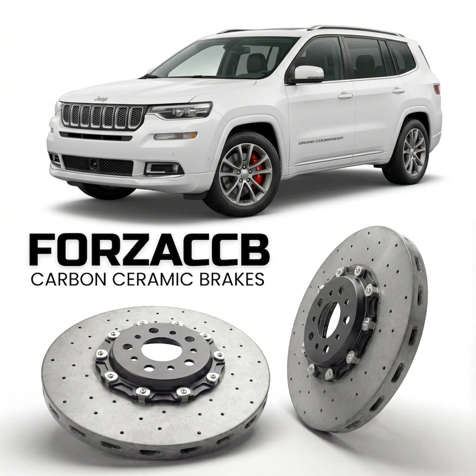 ForzaCCB direct OEM replacement carbon ceramic brake rotors for 2018 to 2022 Jeep Grand Commander models, shown with a white Jeep Grand Commander car.