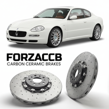 ForzaCCB direct OEM replacement carbon ceramic brake rotors for 2004 to 2007 Maserati GranSport M138 models, shown with a white Maserati GranSport car.