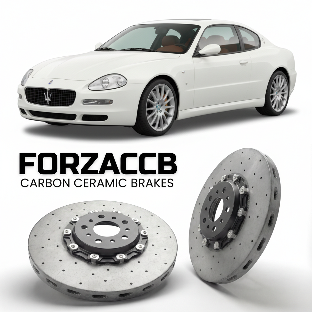 ForzaCCB direct OEM replacement carbon ceramic brake rotors for 2004 to 2007 Maserati GranSport M138 models, shown with a white Maserati GranSport car.