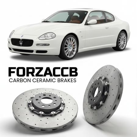 ForzaCCB direct OEM replacement carbon ceramic brake rotors for 2004 to 2007 Maserati GranSport M138 models, shown with a white Maserati GranSport car.