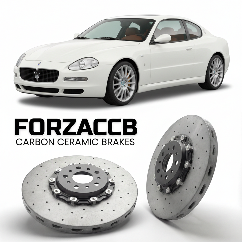 ForzaCCB direct OEM replacement carbon ceramic brake rotors for 2004 to 2007 Maserati GranSport M138 models, shown with a white Maserati GranSport car.