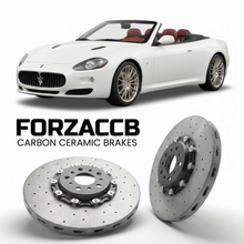 ForzaCCB direct OEM replacement carbon ceramic brake rotors for 2005 to 2007 Maserati GranSport Spyder M138 models, shown with a white Maserati GranSport Spyder car.