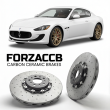 ForzaCCB direct OEM replacement carbon ceramic brake rotors for 2007 to 2019 Maserati GranTurismo M145 models, shown with a white Maserati GranTurismo car.
