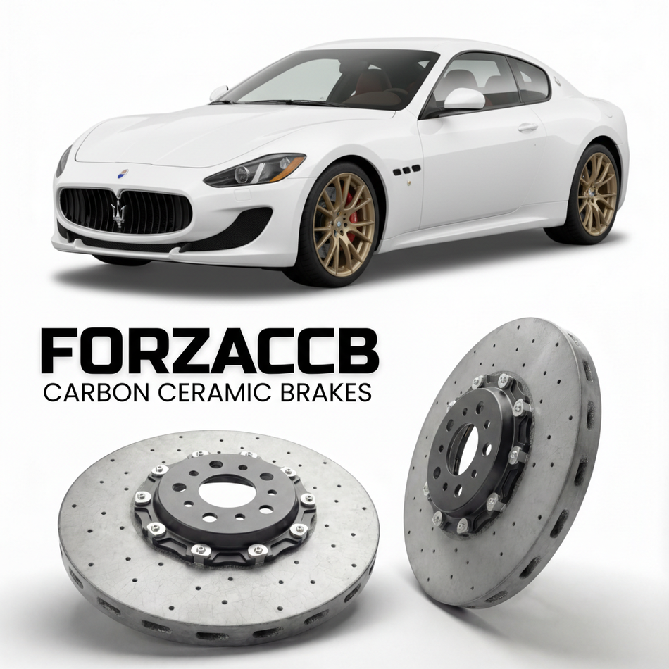 ForzaCCB direct OEM replacement carbon ceramic brake rotors for 2007 to 2019 Maserati GranTurismo M145 models, shown with a white Maserati GranTurismo car.