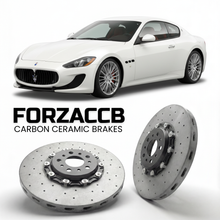 ForzaCCB direct OEM replacement carbon ceramic brake rotors for 2008 to 2019 Maserati GranTurismo M145 models, shown with a white Maserati GranTurismo car.
