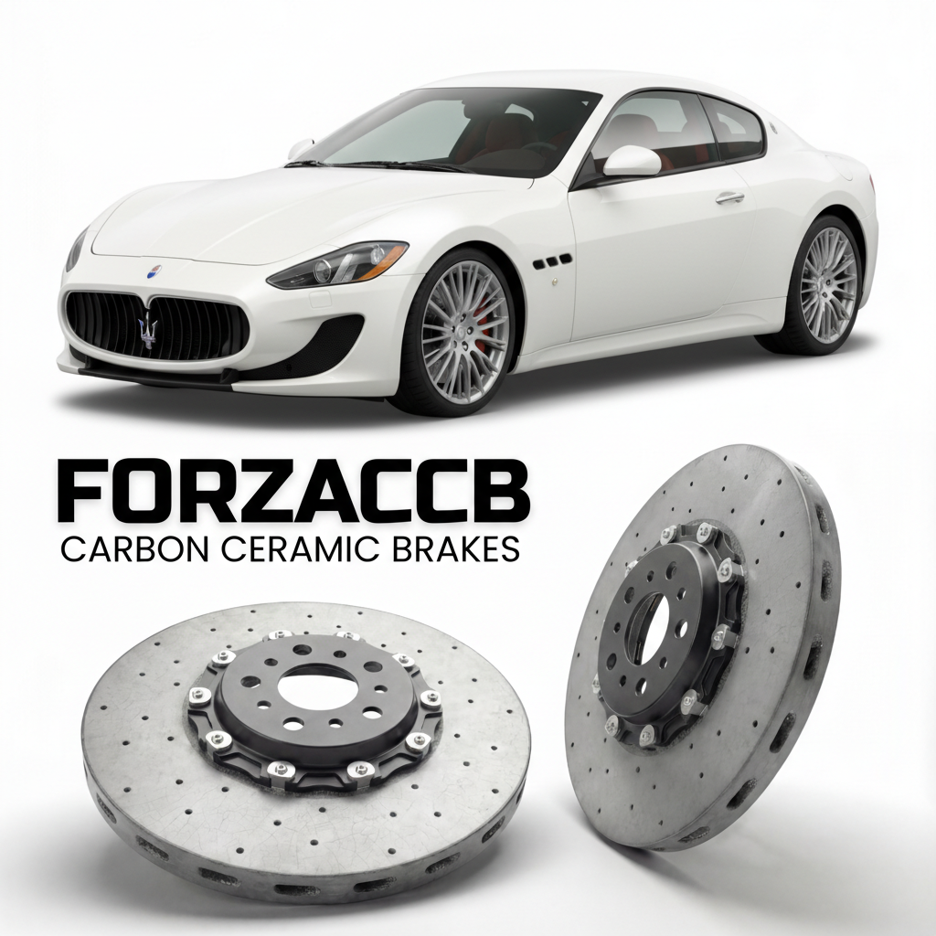 ForzaCCB direct OEM replacement carbon ceramic brake rotors for 2008 to 2019 Maserati GranTurismo M145 models, shown with a white Maserati GranTurismo car.