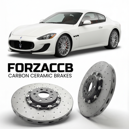 ForzaCCB direct OEM replacement carbon ceramic brake rotors for 2008 to 2019 Maserati GranTurismo M145 models, shown with a white Maserati GranTurismo car.
