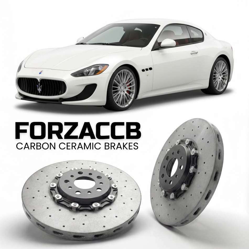 ForzaCCB direct OEM replacement carbon ceramic brake rotors for 2008 to 2019 Maserati GranTurismo M145 models, shown with a white Maserati GranTurismo car.