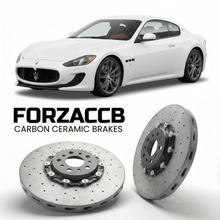 ForzaCCB direct OEM replacement carbon ceramic brake rotors for 2011 to 2019 Maserati GranTurismo M145 models, shown with a white Maserati GranTurismo car.