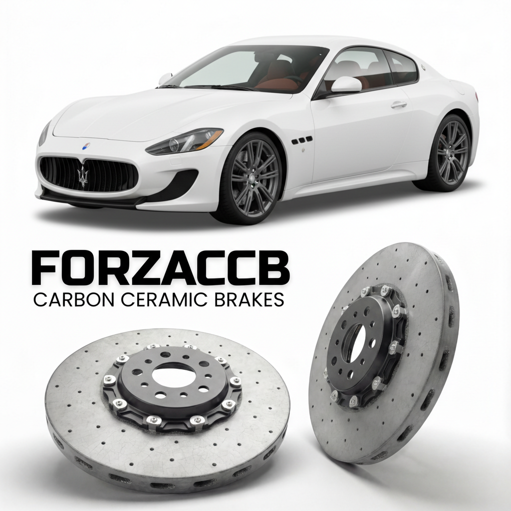 ForzaCCB direct OEM replacement carbon ceramic brake rotors for 2011 to 2019 Maserati GranTurismo M145 models, shown with a white Maserati GranTurismo car.