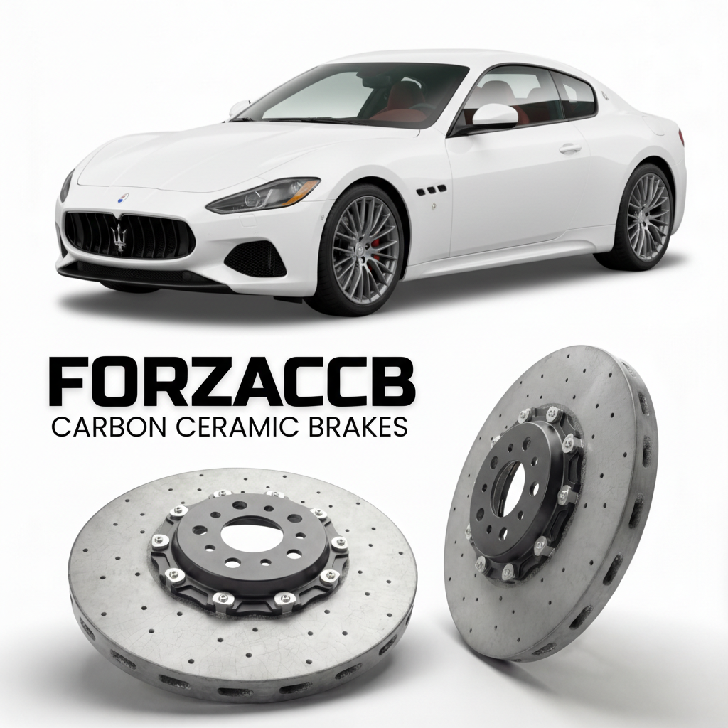 ForzaCCB direct OEM replacement carbon ceramic brake rotors for 2023 and newer Maserati GranTurismo II M189 models, shown with a white Maserati GranTurismo II car.