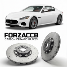 ForzaCCB direct OEM replacement carbon ceramic brake rotors for 2023 and newer Maserati GranTurismo II M189 models, shown with a white Maserati GranTurismo II car.