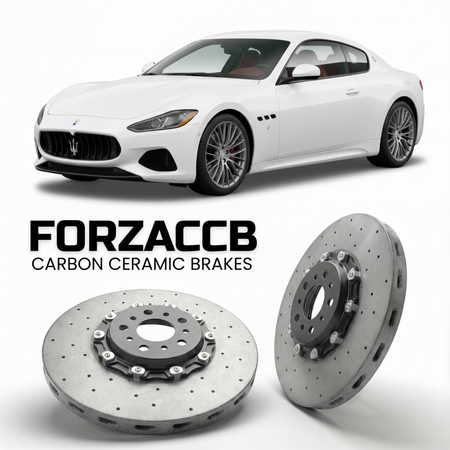 ForzaCCB direct OEM replacement carbon ceramic brake rotors for 2023 and newer Maserati GranTurismo II M189 models, shown with a white Maserati GranTurismo II car.