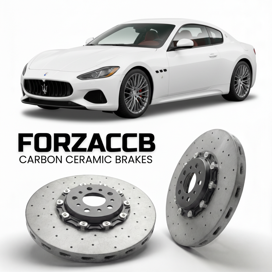 ForzaCCB direct OEM replacement carbon ceramic brake rotors for 2023 and newer Maserati GranTurismo II M189 models, shown with a white Maserati GranTurismo II car.