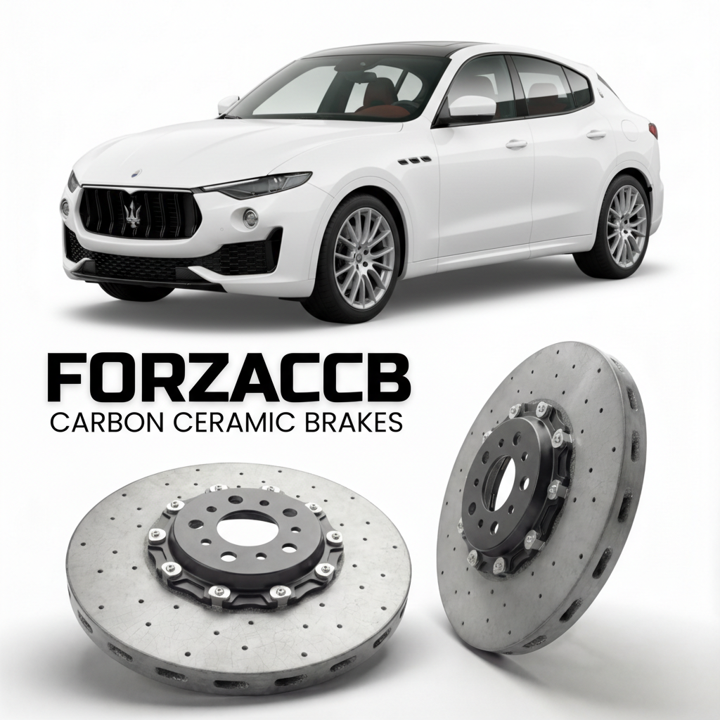 ForzaCCB direct OEM replacement carbon ceramic brake rotors for 2022 and newer Maserati Grecale models, shown with a white Maserati Grecale car.