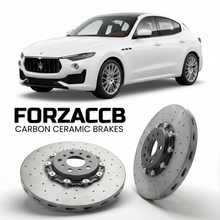 ForzaCCB direct OEM replacement carbon ceramic brake rotors for 2022 and newer Maserati Grecale models, shown with a white Maserati Grecale car.