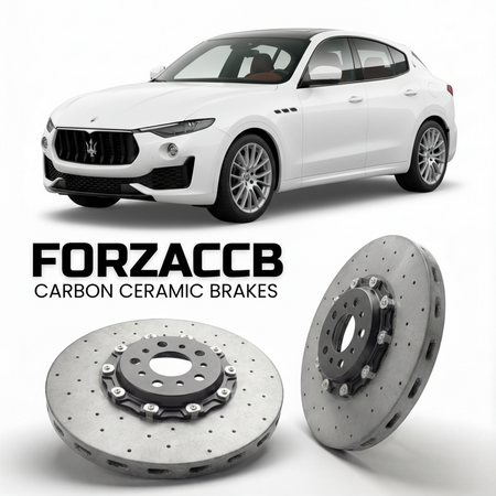 ForzaCCB direct OEM replacement carbon ceramic brake rotors for 2022 and newer Maserati Grecale models, shown with a white Maserati Grecale car.