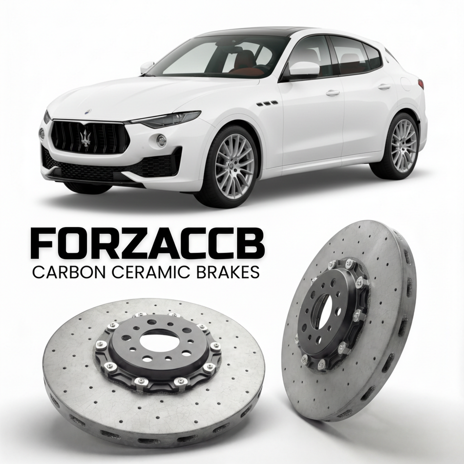 ForzaCCB direct OEM replacement carbon ceramic brake rotors for 2022 and newer Maserati Grecale models, shown with a white Maserati Grecale car.