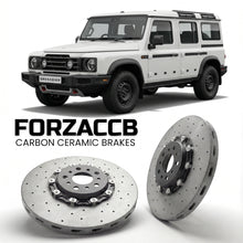 ForzaCCB direct OEM replacement carbon ceramic brake rotors for 2022 and newer INEOS Grenadier Station Wagon models, shown with a white INEOS Grenadier car.