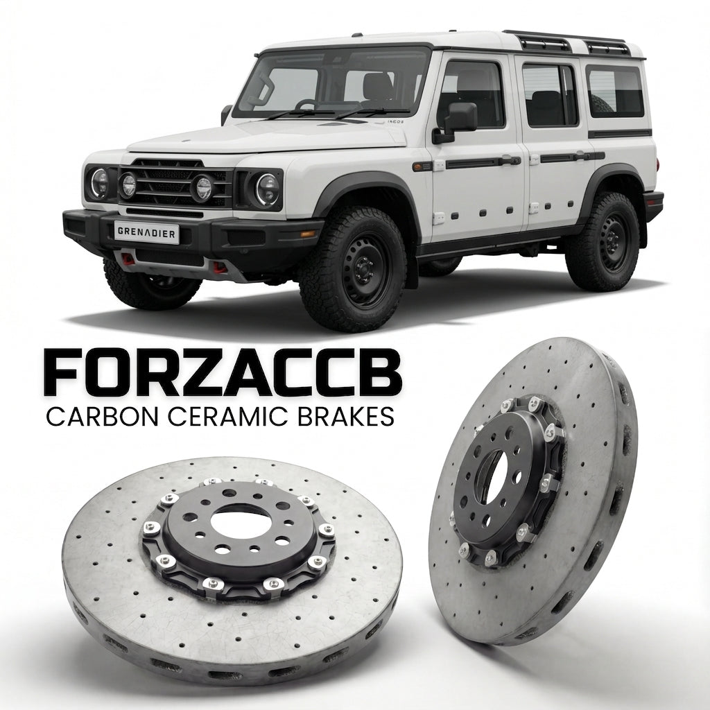 ForzaCCB direct OEM replacement carbon ceramic brake rotors for 2022 and newer INEOS Grenadier Station Wagon models, shown with a white INEOS Grenadier car.