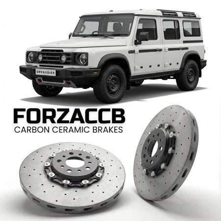 ForzaCCB direct OEM replacement carbon ceramic brake rotors for 2022 and newer INEOS Grenadier Station Wagon models, shown with a white INEOS Grenadier car.