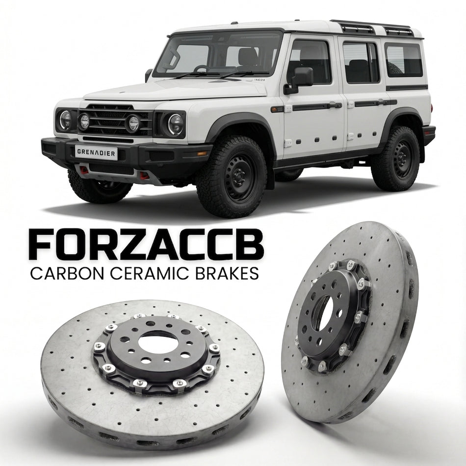 ForzaCCB direct OEM replacement carbon ceramic brake rotors for 2022 and newer INEOS Grenadier Station Wagon models, shown with a white INEOS Grenadier car.