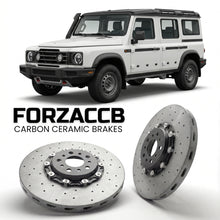 ForzaCCB direct OEM replacement carbon ceramic brake rotors for 2022 and newer INEOS Grenadier Utility Wagon models, shown with a white INEOS Grenadier car.