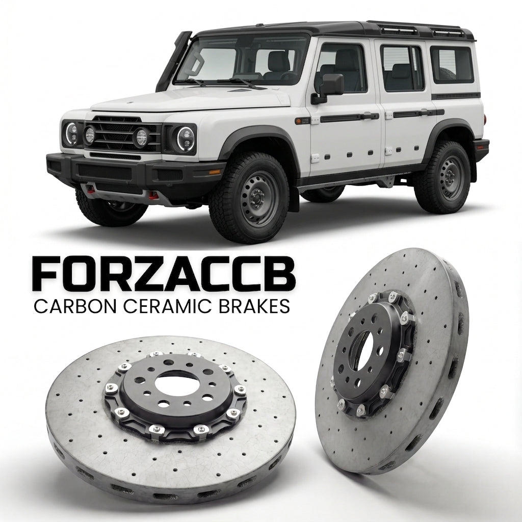 ForzaCCB direct OEM replacement carbon ceramic brake rotors for 2022 and newer INEOS Grenadier Utility Wagon models, shown with a white INEOS Grenadier car.