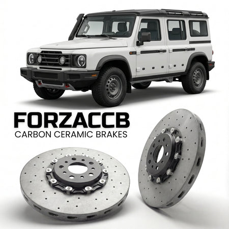 ForzaCCB direct OEM replacement carbon ceramic brake rotors for 2022 and newer INEOS Grenadier Utility Wagon models, shown with a white INEOS Grenadier car.