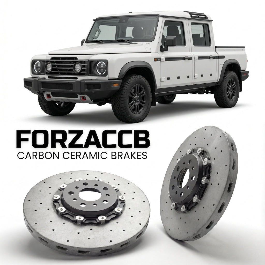 ForzaCCB direct OEM replacement carbon ceramic brake rotors for 2023 and newer INEOS Grenadier Quartermaster models, shown with a white INEOS Grenadier car.