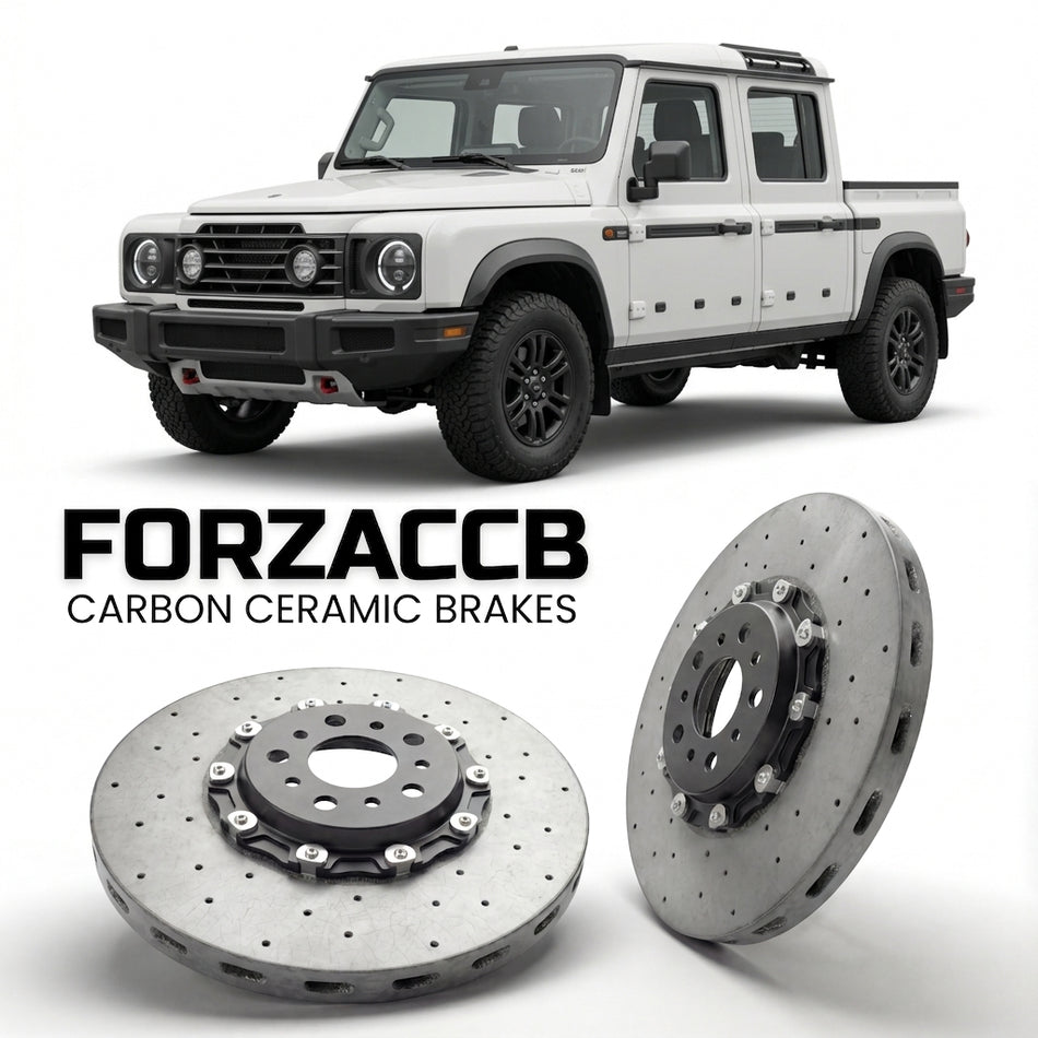 ForzaCCB direct OEM replacement carbon ceramic brake rotors for 2023 and newer INEOS Grenadier Quartermaster models, shown with a white INEOS Grenadier car.