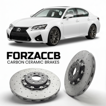 ForzaCCB direct OEM replacement carbon ceramic brake rotors for 2016 to 2020 Lexus GS F URL10 models, shown with a white Lexus GS F car.