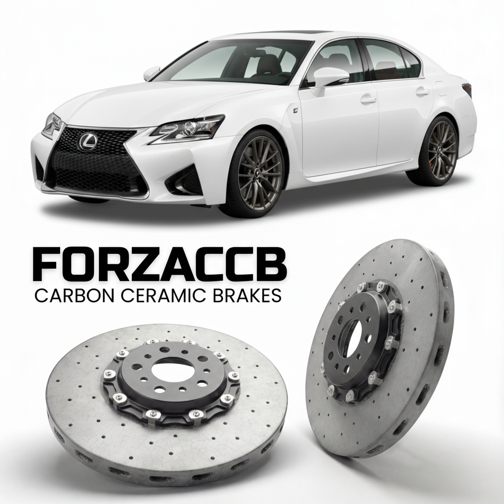 ForzaCCB direct OEM replacement carbon ceramic brake rotors for 2016 to 2020 Lexus GS F URL10 models, shown with a white Lexus GS F car.