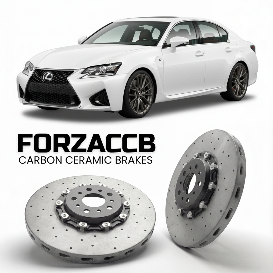 ForzaCCB direct OEM replacement carbon ceramic brake rotors for 2016 to 2020 Lexus GS F URL10 models, shown with a white Lexus GS F car.