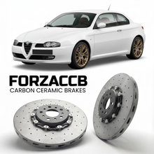 ForzaCCB direct OEM replacement carbon ceramic brake rotors for 2005-2010) Alfa Romeo GT Coupe (937 models, shown with a white Alfa Romeo GT car.