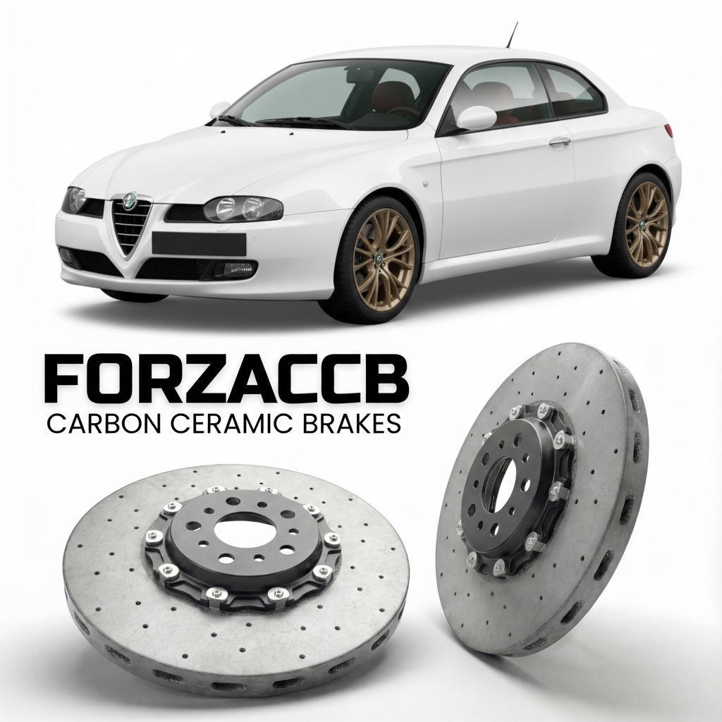 ForzaCCB direct OEM replacement carbon ceramic brake rotors for 2005-2010) Alfa Romeo GT Coupe (937 models, shown with a white Alfa Romeo GT car.