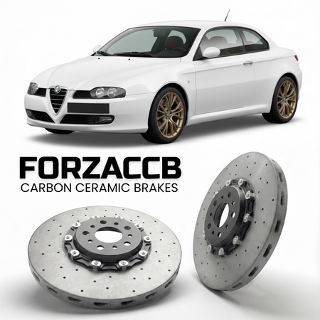 ForzaCCB direct OEM replacement carbon ceramic brake rotors for 2005-2010) Alfa Romeo GT Coupe (937 models, shown with a white Alfa Romeo GT car.