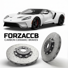 ForzaCCB direct OEM replacement carbon ceramic brake rotors for 2017 to 2022 Ford GT models, shown with a white Ford GT car.