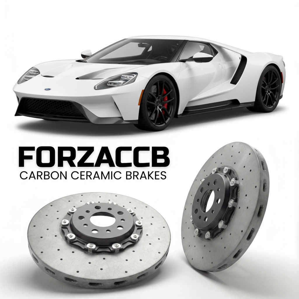 ForzaCCB direct OEM replacement carbon ceramic brake rotors for 2017 to 2022 Ford GT models, shown with a white Ford GT car.