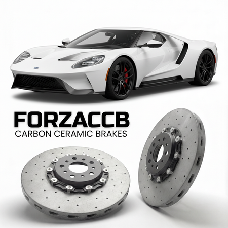 ForzaCCB direct OEM replacement carbon ceramic brake rotors for 2017 to 2022 Ford GT models, shown with a white Ford GT car.
