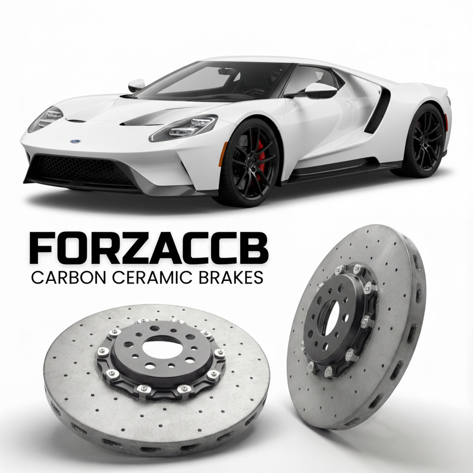 ForzaCCB direct OEM replacement carbon ceramic brake rotors for 2017 to 2022 Ford GT models, shown with a white Ford GT car.