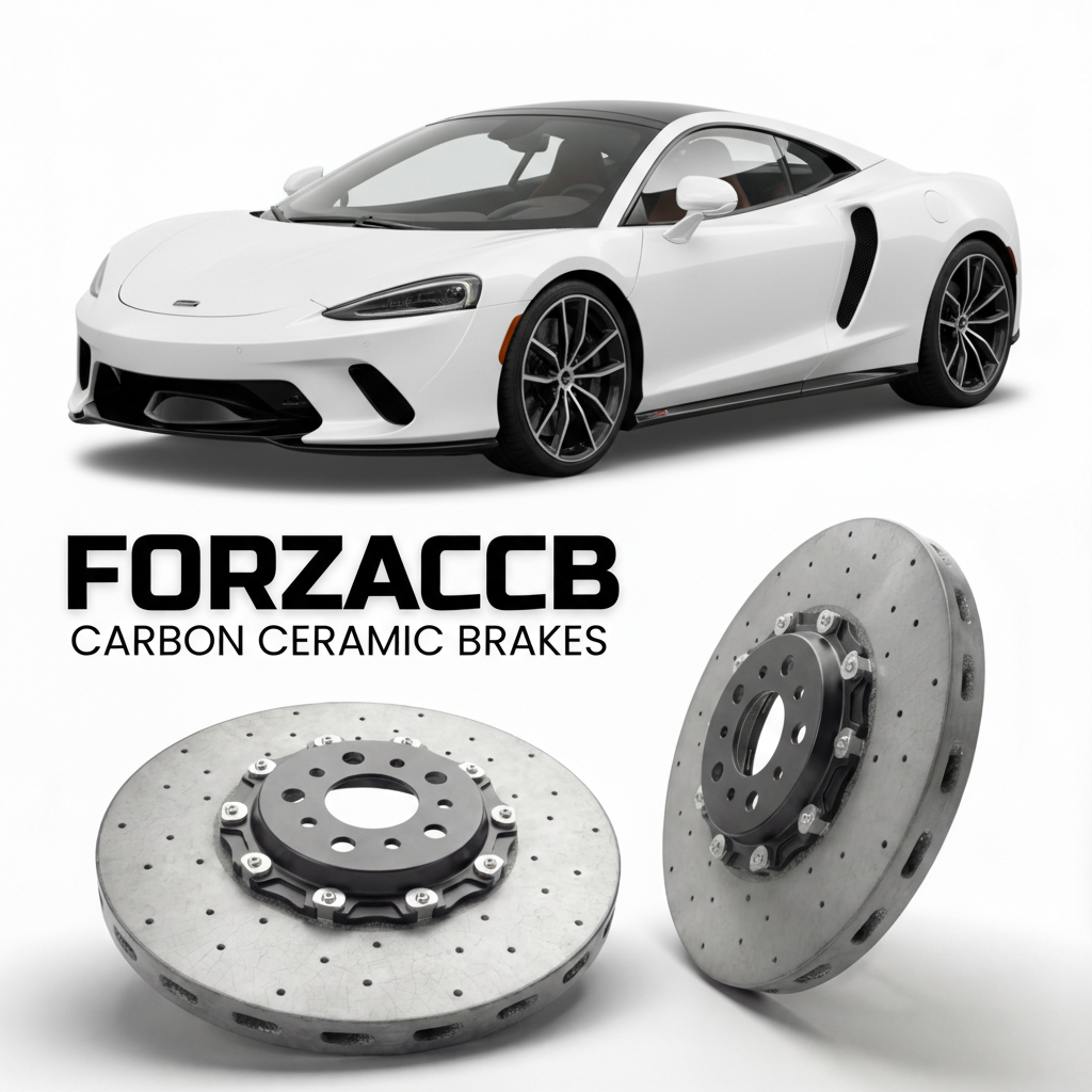 ForzaCCB direct OEM replacement carbon ceramic brake rotors for 2019 to 2023 McLaren GT P10 models, shown with a white McLaren GT car.