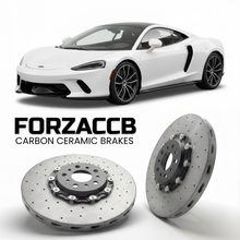 ForzaCCB direct OEM replacement carbon ceramic brake rotors for 2019 to 2023 McLaren GT P10 models, shown with a white McLaren GT car.