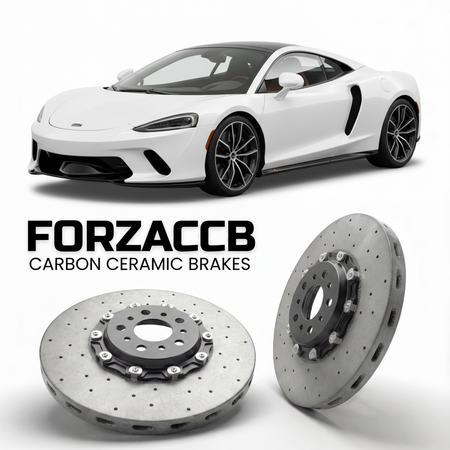 ForzaCCB direct OEM replacement carbon ceramic brake rotors for 2019 to 2023 McLaren GT P10 models, shown with a white McLaren GT car.