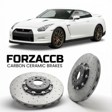 ForzaCCB direct OEM replacement carbon ceramic brake rotors for 2010 to 2011 Nissan GT-R CBA models, shown with a white Nissan GT-R car.